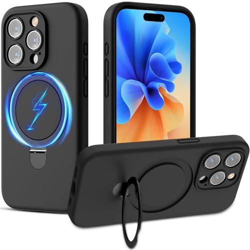 FAOMSEBS Cover per iPhone 14 Pro Max per MagSafe, con Supporto e Porta Anello [Silicone Liquido Naturale] [Grado Militare Antiurto] Fodera in Morbida Microfibra per iPhone 14 Pro Max Case Magnetico