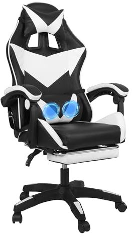 COZYBRITE Gaming Chair Office Desk Computer Chairs Swivel with Footrest Massage Headrest Back Support Reclining Ergonomic Design Adjustable Height Faux Leather (Black+White)