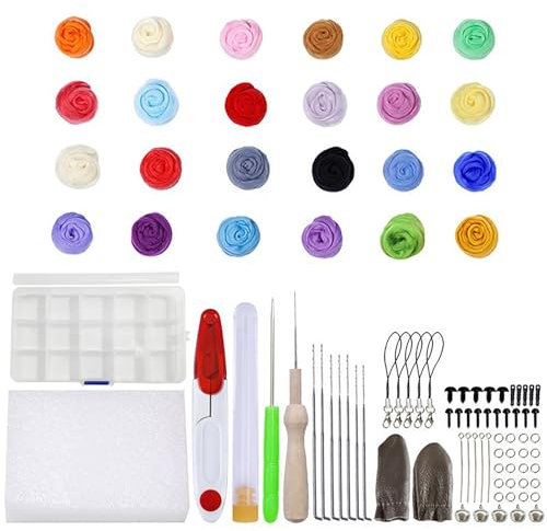 Kaizuca Filzwolle Set, 24 Farben Filzwolle Trockenfilzen mit Filzen Werkzeuge, Filznadeln zum Trockenfilzen, Filzwolle zum Stricken für DIY Handwerk Deko, für Anfänger