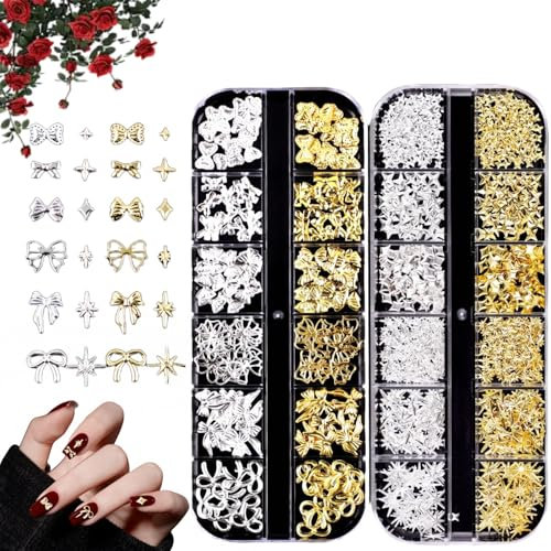 2Boxes Go/ld Si/lver 3D Nail Charms,Bow Nail Charms,24 Grids Bow Star Nail ge/ms Nail Studs,Punk Me/tal Alloy Ri/vet Stickers Bowknot Nail Art Decorations Accessories for Nail Art Design DIY Crafts