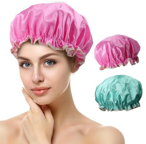 Duschhaube, 2 Stück Wasserdichte Duschhauben, Shower Cap, Duschhaube für Damen, Haarhaube für Die Nacht, mit Elastischem Band, Wiederverwendbare Dusche Kappen für Mädchen Frauen (H)