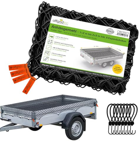 Offgridtec Anhänger-Ladungssicherungsnetz 1x2m auf 2x3m, Dehnbar & Feinmaschig, Inkl. 8 Spannhaken, Eckmarkierungen, Verstärktes Gummiseil, Ladungssicherung für Anhänger, Gartenabfälle, Baumaterialien