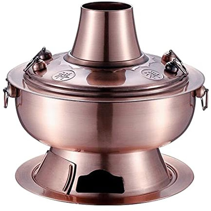 NHJSDLLMNZ Fondue Fondue, traditioneller chinesischer Eintopf, Vintage-Kupfer-Eintopf, Holzkohle-Shabu-Shabu-Eintopf, Pfanne aus Edelstahl, chinesischer Kocher, traditionell(Red Copper,30cm)