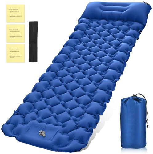 Raxfekro Camping Isomatte Selbstaufblasend, 8cm Dicke Outdoor Selbstaufblasbare Luftmatratze, Luftmatratze Selbstaufblasend mit Fußpresse Pumpe und Kissen für Wandern, Reise, Strand