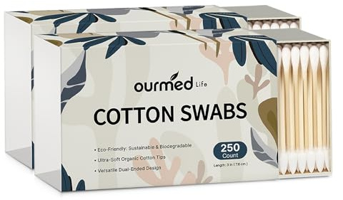 Ourmed Life Bastoncillos de Algodón de Bambú, Doble Punta, 500 uds | Algodón suave, palitos de bambú, puntas redonda y puntiaguda, sin pelusa, más gruesos, ideales para delineado y uñas