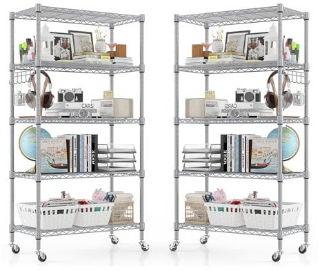 Himimi Regal mit Rollen, 2 pcs, Metallregal auf Rollen, Höhenverstellbar, Lagerregal Stehend mit 5 Regalböden und Haken, Standregal Rollregal für Küche Speisekammer Keller, 35T x 76B x 158H cm, Silber