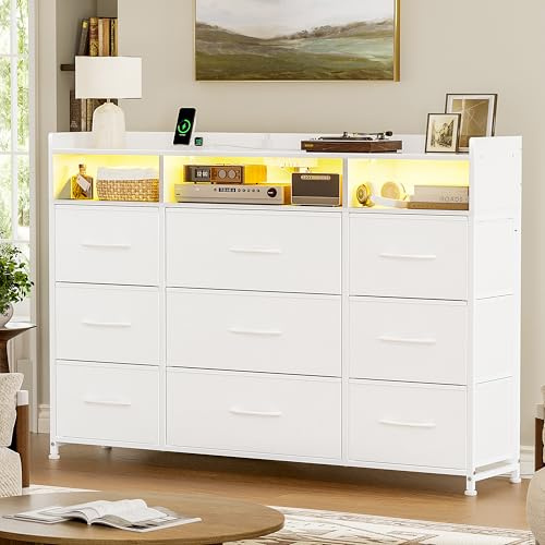 Mossora Chest of Drawers with Charging Station and LED Light, Dresser TV Stand with 9 Fabric Drawers, Wood Top Large Storage Organizer Unit for Closet, Living Room, Entryway, White