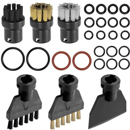 6 Stk Dampfreiniger Zubehör, Dampfreiniger Rundbürsten, Nylon und Messing Flachbürsten, Messingbürsten, Kunststoffschaufel, Handdampfreiniger für Fenster, Möbel Boden Auto, mit 22 Stk Dichtungen
