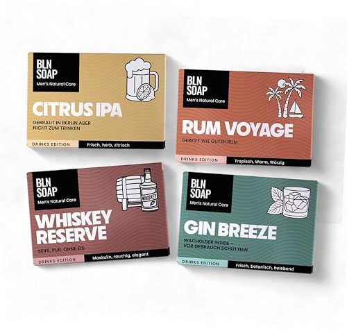 Männerseifen-Set Drinks Edition: Natürliche feste Seifen für Männer, Geschenkset Herren, 3-in-1 Duschseife für Hand, Körper und Haare, Shampoo Mann, Festes Duschgel Vegan, 4 x 135 g, BLN SOAP