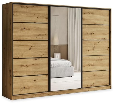 Masseno Schwebetürenschrank PINA 270/205/58 cm Kleiderschrank mit 4 Schubladen Schlafzimmer Schiebetürenschrank 3-türig mit Spiegel Eiche Artisan