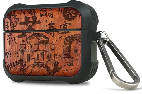 Carveit Kompatibel mit AirPods Pro 3 (2025) Hülle, Holz und TPU Silikon Hybrid Case, Stoßfeste Ganzkörper-Harthülle Kompatibel mit Airpods Pro 3 Cover (Rosig-Chinesische Mauer)