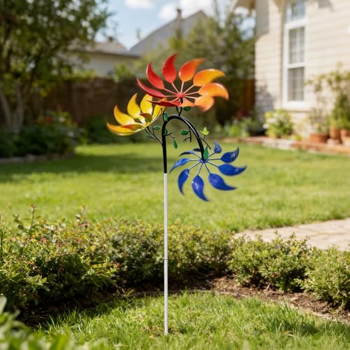 Windrad Garten Metall, NAVESO Windspiel Garten Drehbare Blume, Gartendeko Windräder für Draußen Stehend, Windmühle Wetterfest für Balkon, Obstgarten, Hof, Dach