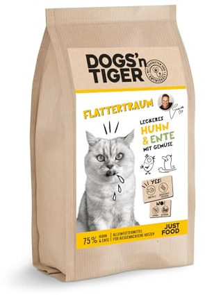 Dogs’n Tiger Flattertraum, Adult Premium Trockenfutter für Katzen, Mit Huhn, Ente & Gemüse, 75% Fleischanteil, proteinreich & ausgewogen, Ohne Zucker, Getreide & Konservierungsstoffe, 1,5kg