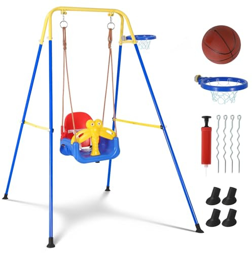 Garvee 3-in-1 Toddler Swing Set, Folding Baby Swing Set with Basketball Hoop, Kids Swings w/Baby Seat & Metal Stand, Toddler Toy Chair High Back for Indoor Outdoor, Kids Playground Easy Assemble