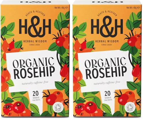 Heath & Heather - Organic Rosehip Tea • Fruity & Tart Herbal Infusion • Naturally Caffeine-Free • Vegan • 20 Tea Bags (Pack of 2)