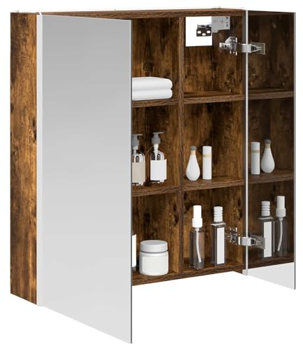 vidaXL Badezimmerspiegelschrank Geräucherte Eiche 63,5 x 15,5 x 70 cm, Stylischer Badezimmeroberfläche, Wandspiegel, Cooles Stauraum, Moderne Vanity, anpassbare Beleuchtung, Platz sparen