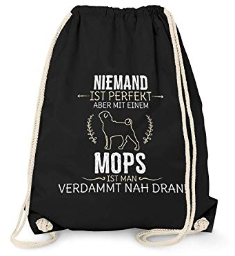 Fashionalarm Turnbeutel - Niemand ist perfekt - Mops | Fun Rucksack mit Spruch Geburtstag Geschenk Idee Hundebesitzer Hundefreund Rasse Hund, Schwarz One Size