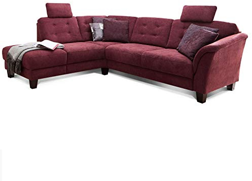 Cavadore Ecksofa Trond mit Ottomane links / Federkern-Sofa im Landhausstil mit 2 Kopfstützen und Vorziehsitz mit Bettkasten / 260 x 89 x 214 / Webstoff rot
