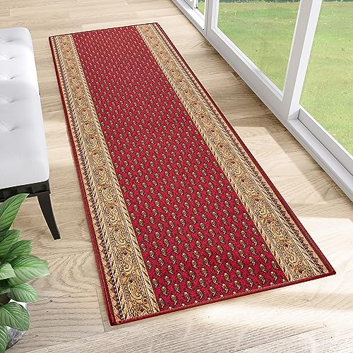 TAPISO Anti Rutsch Teppich Läufer rutschfest Brücke Meterware Oriental Rot Gelb Ornament Floral Design Flur Küche Wohnzimmer 80 x 300 cm