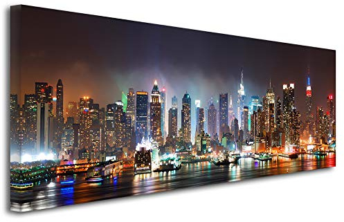 Panorama Picture New York by Night – Photo Print City on Canvas Wall Decoration Landscape – Home Decor, Kitchen, Living Room, Adult Bedroom – Multi-Coloured 120 x 50 cm
