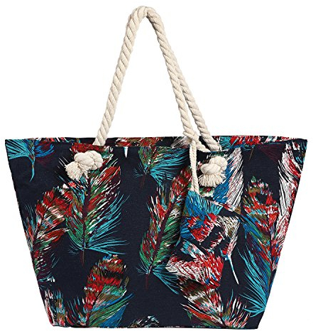 DonDon Strandtasche mit Reißverschluss, Große Strandtasche XXL, Shopper Tasche Damen - Praktische Beach bag Umhängetasche Damen Badetasche für Strand und Meer - Bunte Federn