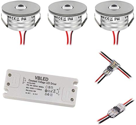 VBLED® 3er Set 3W Mini-Einbauspot Einbaustrahler warmweiß 3000K IP44 12V DC Warmweiss Inkl.LED Trafo und Verbinder Unbegrenzte Möglichkeiten: Terrasse, Bad, Wohnbereich [Energieklasse A+]