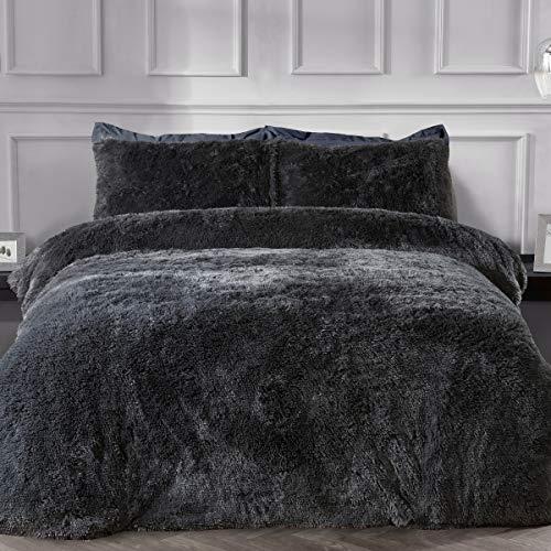 Sleepdown Luxus-Bettwäsche-Set aus Kunstfell, langflorig, sehr weich, pflegeleicht, mit Kissenbezügen, King-Size-Bett (220 x 230 cm), Anthrazit