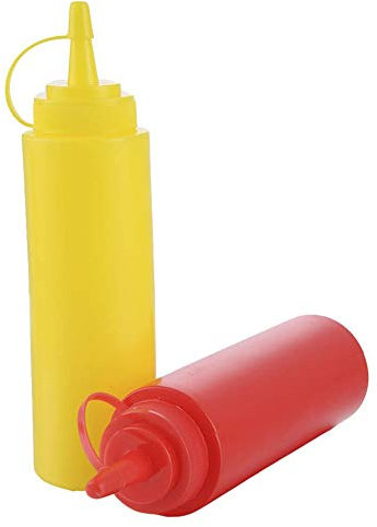 Lot de 2 bouteilles de sauce en plastique pour assaisonnement, huile de moutarde, ketchup, salade de miel, jaune et rouge
