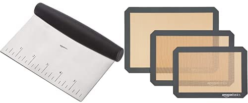 AmazonBasics - Tappetini da forno in silicone, set da 3 pezzi & - Raschietto/Tagliaimpasto multiuso, in acciaio inox