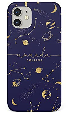 Tirita Personalised Initials Custom Hard Phone Case Compatible with iPhone 12 & 12 Pro PRINTED GLITTER, NOT REAL GLITTER Space Stars Moon Planets Dark Blue Gold Constellation