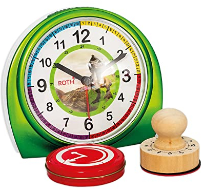 ROTH Lernuhr mit Stempelset Tyrannosaurus, Geschenkset aus Kinder-Wecker und Stempel mit Farbkissen (Dino)