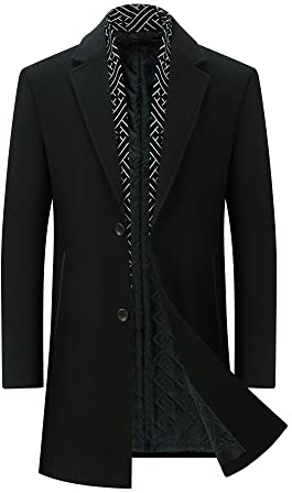 YOUTHUP Men's Wool Coat Thick Mid-Length Winter Trench Coats Stylish Casual Business Peacoat, Black, L