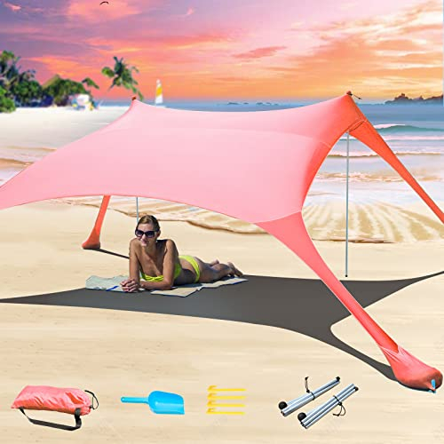 CUUPO Strandzelt, Sonnenschutz, LSF 50+, UV-Schutz, Outdoor-Baldachin, Sonnenschutz mit 2 Stangen für Camping, Strand, Angeln, Hinterhof und Picknick, mit sanddichter Stranddecke, Rot, 200*210*200cm