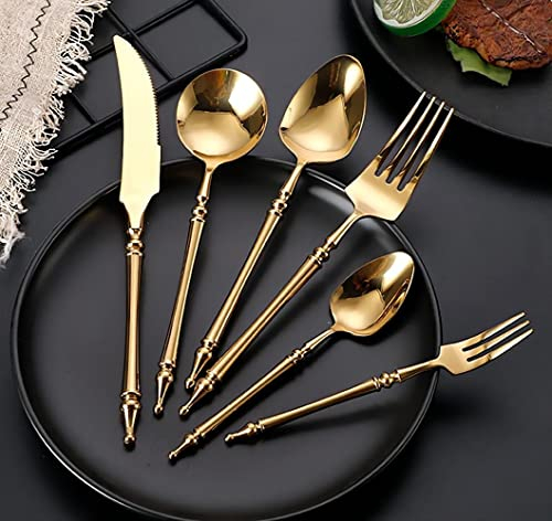 High-Grade 304 Stainless Steel Silverware - 6-Piece Set, Restaurant Hotel Steak Knife, Fork and Spoon Set (Gold)