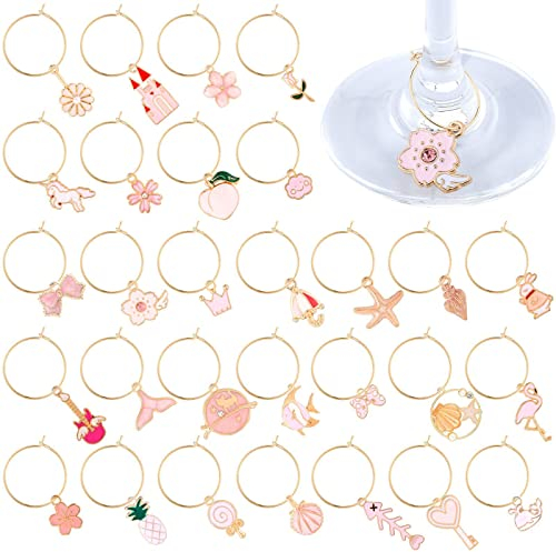 VICDUEKG 31 PCS Weinglas Anhänger Charms, Glas Identifikations Getränke Markierungen Glasmarkierung Thema Strand Getränkemarker Partydekoration für Party Weinglas Wein Cocktail Champagner (Rosa)