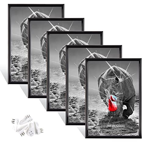 Dmyifan 5er Bilderrahmen DIN A3 Schwarz Set, Fotorahmen mit Plexiglas, Hoch- und quer aufhängbarer Rahmen für Fotos. Portraits | Picture Frame