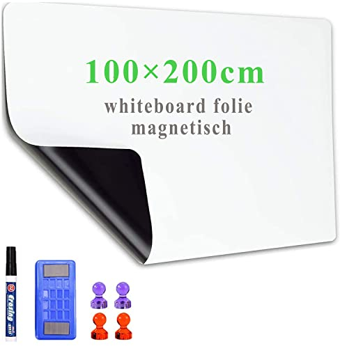 Lyzzxi Whiteboard Folie, 100 * 200cm Magnetisch Selbstklebend Weißwandtafel Folie, Memoboard zum Schreiben, Inklusive Marker und Schwamm, Wandfolie für glatten Oberflächen in Schule Büro Haus