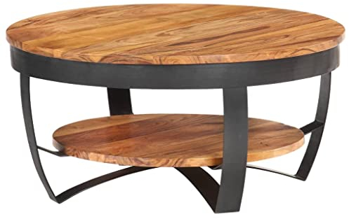 homiuse Couchtisch 65x65x32 cm Massivholz Akazie Tisch Wohnzimmer Rund Nachttische Ablagetisch Beistelltisch oder Endtische mit Einem Regal für Schlafzimmer Oder Balkon Industrial Style Braun