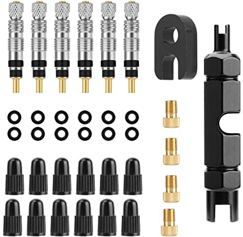 Oumers Bicycle 36PCS Presta Valve Sets, Presta Valve Core Bike Valve Caps Presta to Schrader Bike Valve Adapter 2-in-1 Presta Valve Core Tool Valve Core Wrench O-Circle Portable Storage Box