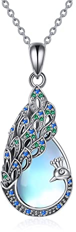 VENACOLY Pfau Kette 925 Sterling Silber Pfau Anhänger Halskette Mondstein Pfau Schmuck Geschenk für Damen