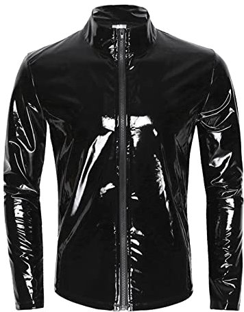 Beokeuioe Herren Latex Glänzend Tops Sexy Oberteil Lack Leder mit Stehkragen Hippie Disco Party Clubwear Ledermantel Wetlook top Lack-Optik Jacke T-Shirt Slim Fit
