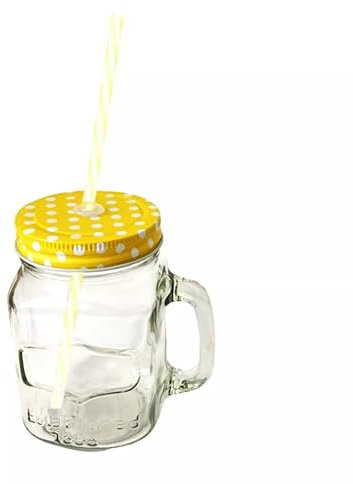 Lizzy Clear Glass Mason Mug Reusable Straw Drinking Cocktail Hen Party Summer Cups UK Mason Jars, Wide Mouth Mason Jar (Yellow)