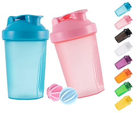 GAISHION Shaker Lot de 2 bouteilles en plastique sans BPA 400 ml Bleu + rose | Shaker Shakes avec boules fouettées