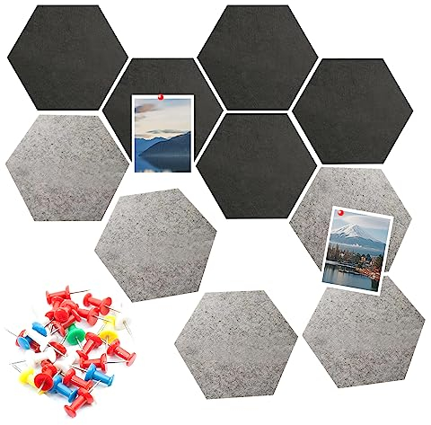 Pizsieat 10 Stück Pinnwand Filz Selbstklebend Hexagon Bulletin Board mit 30 Reißzwecken,Sechseckig Filztafel für Kinderzimmer Klassenzimmer Büro und Arbeitszimmer(Schwarz, Grau)