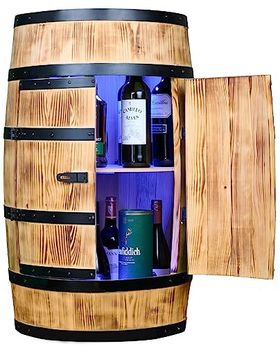 CREATIVE COOPER Tonneau à vin Table haute avec porte et LED RVB - Armoire à alcool Étagère à bouteilles en bois - Tonneau en bois - Mobilier tonneau - Bois de conifère - Étagère à vin - Bar à vin