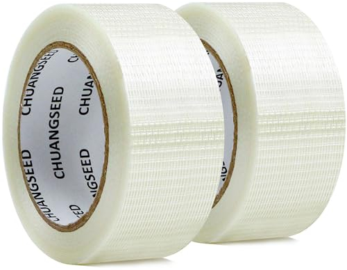 CHUANGSEED 2 Stück Filament-Umreifungsband, Filamentband Fadenverstärkt 50mm X 50m transparentes Packband glasfaserverstärktes Teppichband, Verpackungsband, starkes Klebeband (Gitter 50mm X 50m)