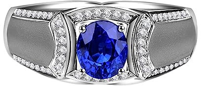 Saphir Ring Weißgold, Herrenringe 18 Karat (750) 1.125Ct Blau Ovale Form 0.224Ct Diamant Weiß Größe 67 (21.3)