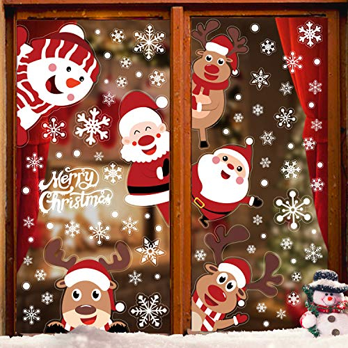 DERAYEE 6 Stück Weihnachtsfensterbilder(21x28cm)Beidseitig Selbstklebend Fensterdeko Weihnachtsmann Elch Schneeflocken Schneemann für Weihnacht Fenster Tür Dekoration