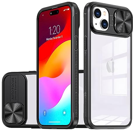Dqtaoply Coque iphone 15, avec Lentille Coulissante Caméra Protection Étui Antichoc Silicone TPU + PC Housse Anti-Rayures Dos Transparente Case pour iphone 15(Noir)