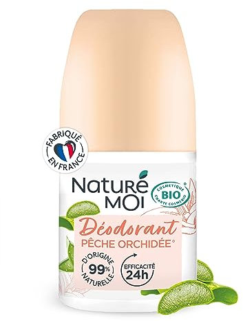 Naturé Moi - Déodorant roll-on - Efficacité 24h - Déodorant femme à l'Aloe Vera Bio et au Magnésium - Parfum Pêche Orchidée - 99% d'Origine Naturelle - 50 ml - Fabriqué en France
